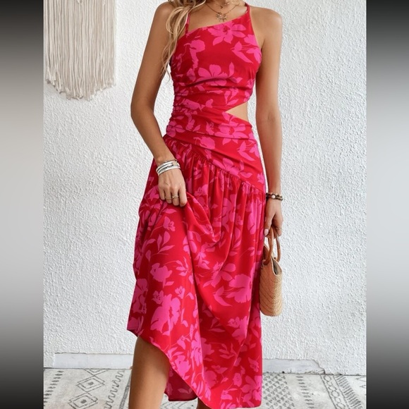 Boho Floral Print Criss Cross Open Back Ruched Cut Out Maxi Dress - Picture 3 of 9